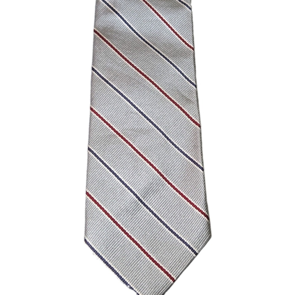 Vtg Bert Pulitzer Tie Mens Silk Regimental Stripe Silver Grey Burgundy Navy Ivy